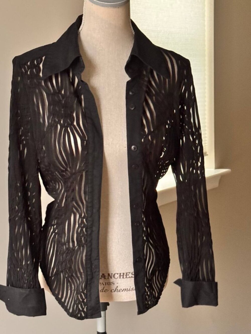 SMAG Vintage Retro Button Down See Through Shirt in Black - Size Medium